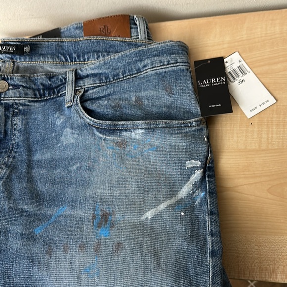 Lauren Blue Splatter Paint Comfort Stretch Relaxed Taper PLUS Jeans - 20W - Picture 2 of 12